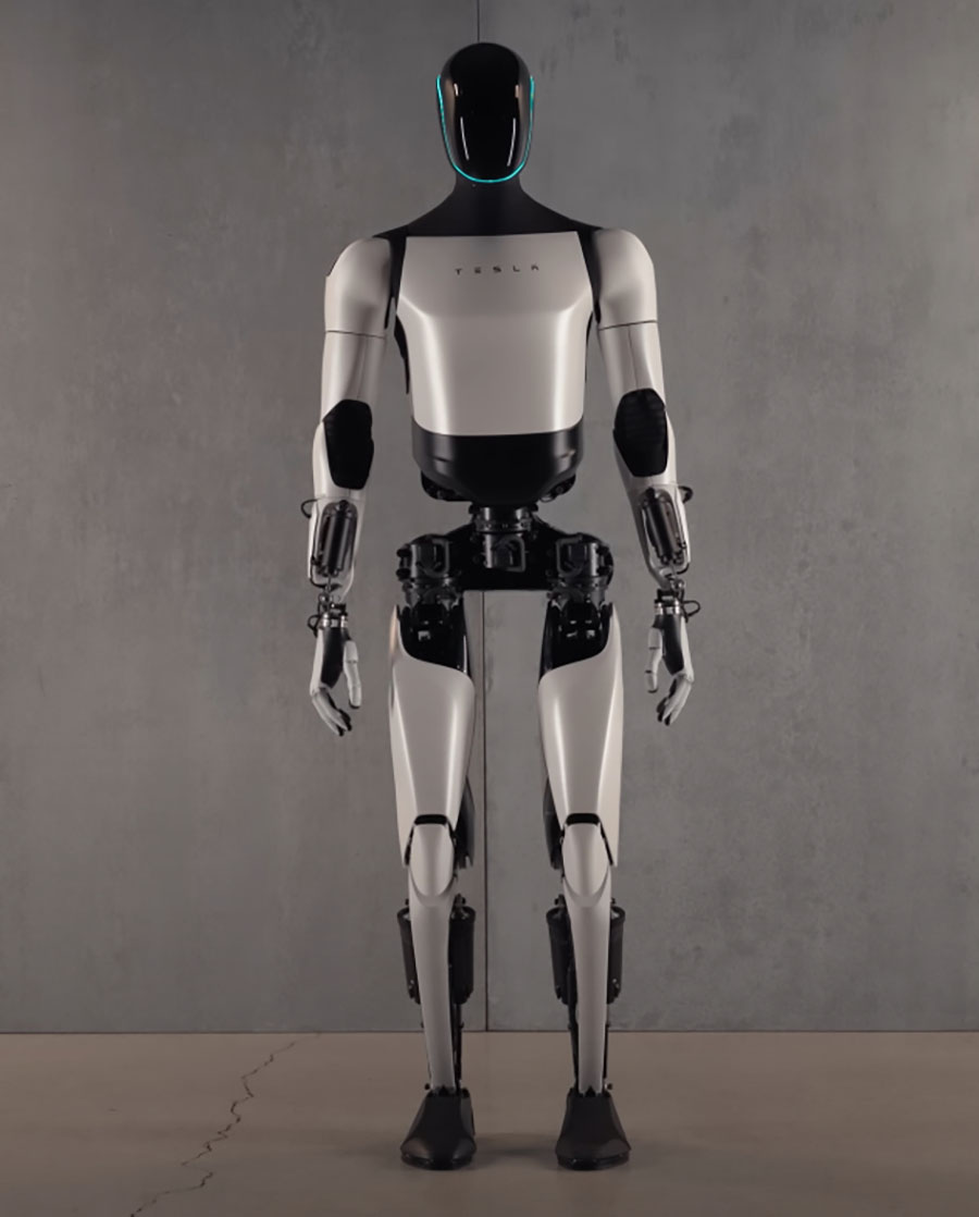Tesla's humanoid robot Optimus on a gray background. It is leaning slightly to the left