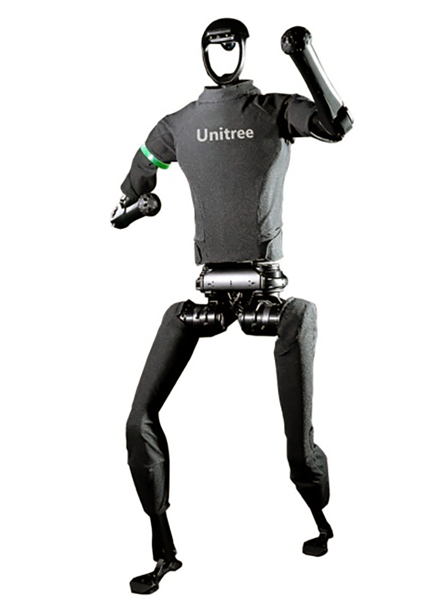 Unitree Robotics' humanoid H1. The robot is mostly black and standing with one foot stepped forward