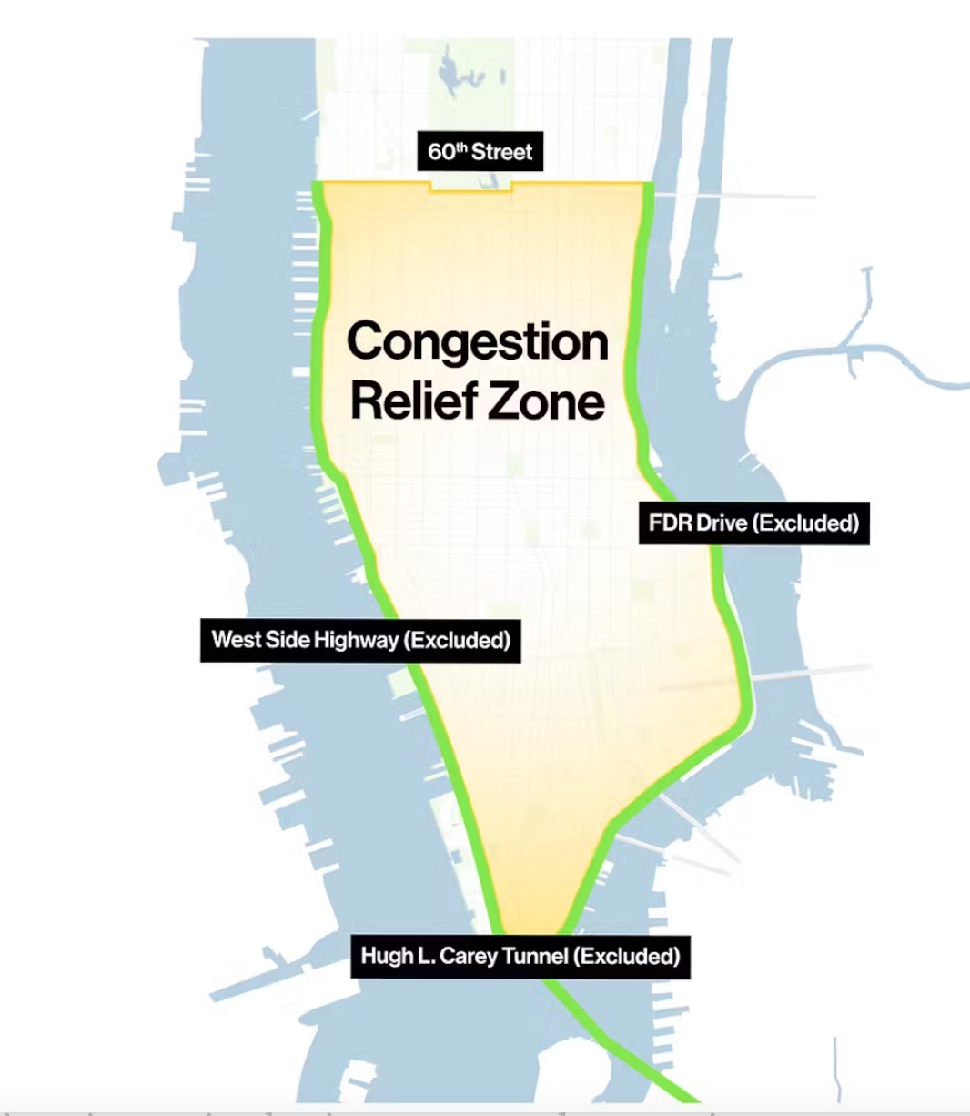 Map showing the congestion relief zone in manhattan, excluding fdr drive, west side highway, and hugh l. carey tunnel.