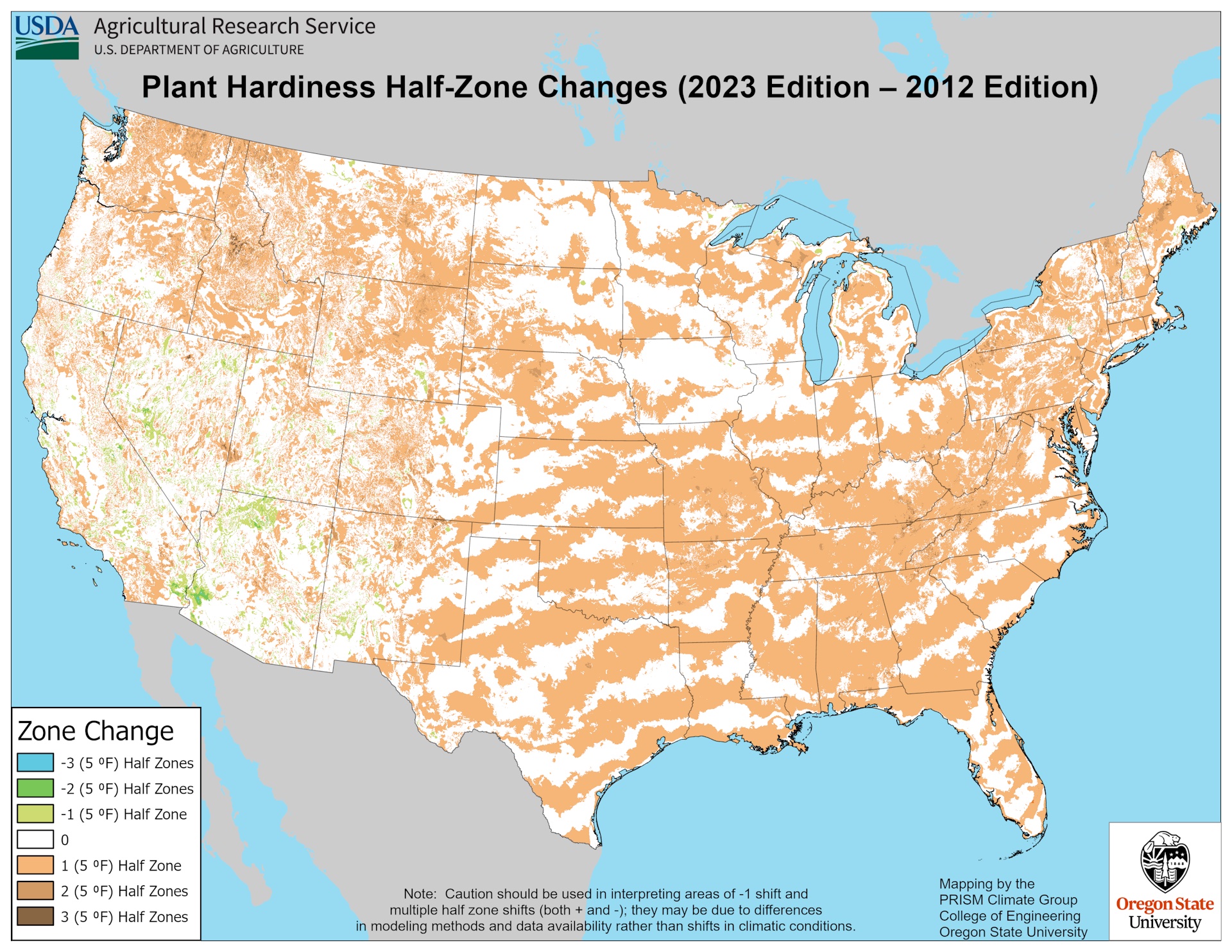 Map of the united states showing changes in plant hardiness half-zone classifications between the 2012 and 2023 editions.