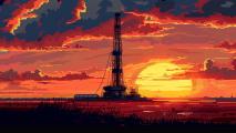 An oil rig at sunset with a vibrant orange and red sky in the background, pixelated art style.