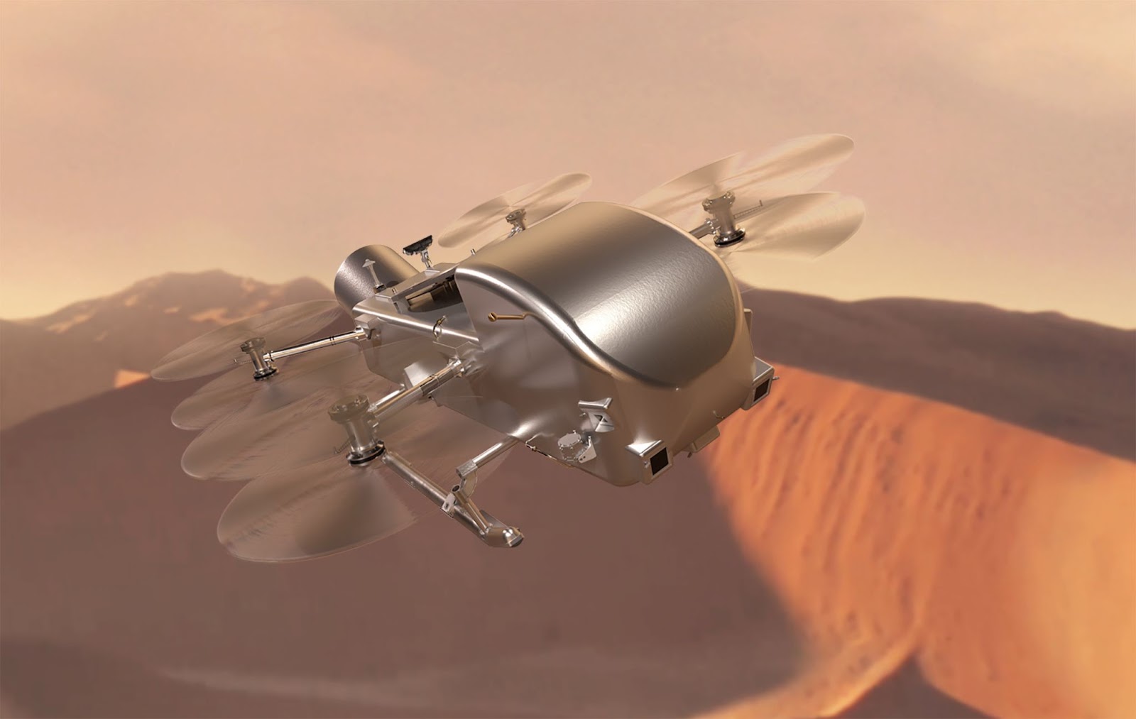 A futuristic drone with multiple propellers flying over a red landscape.