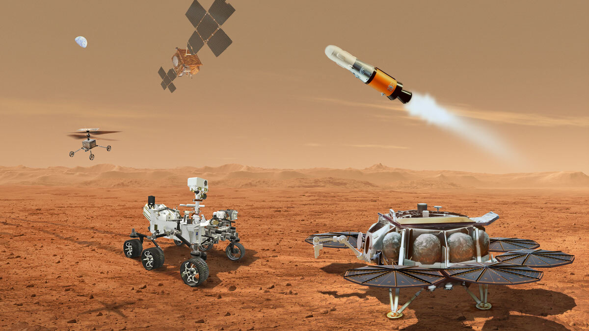 Illustration of mars exploration featuring a rover, lander, helicopter drone, orbiting satellite and launching rocket on the martian surface.