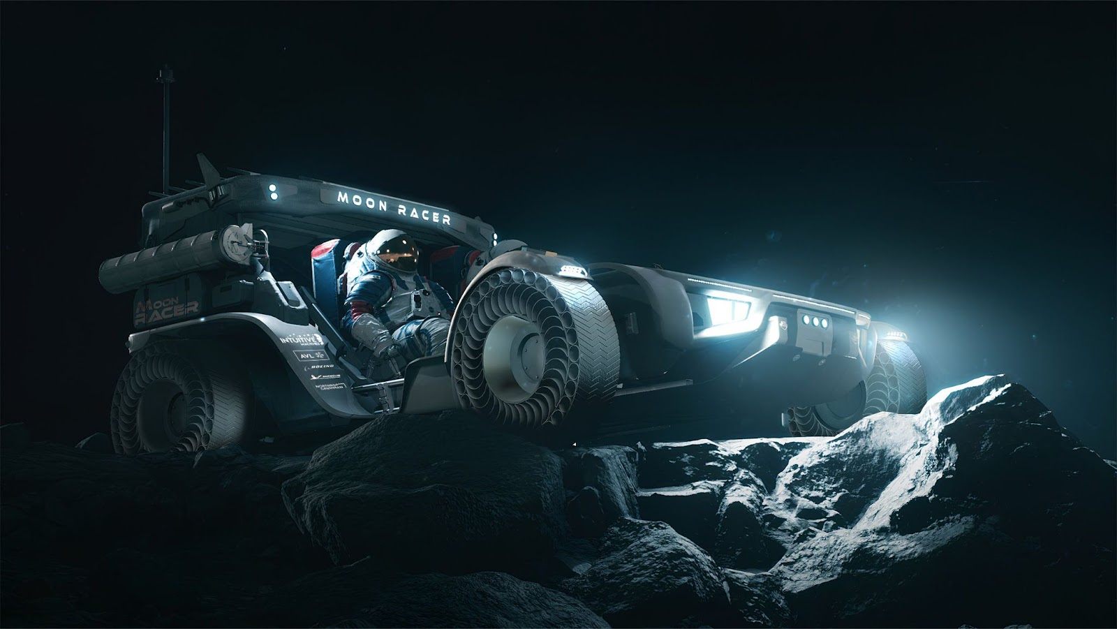 Astronaut driving a futuristic moon rover over rocky lunar terrain at night, illuminated by the vehicle's headlights.