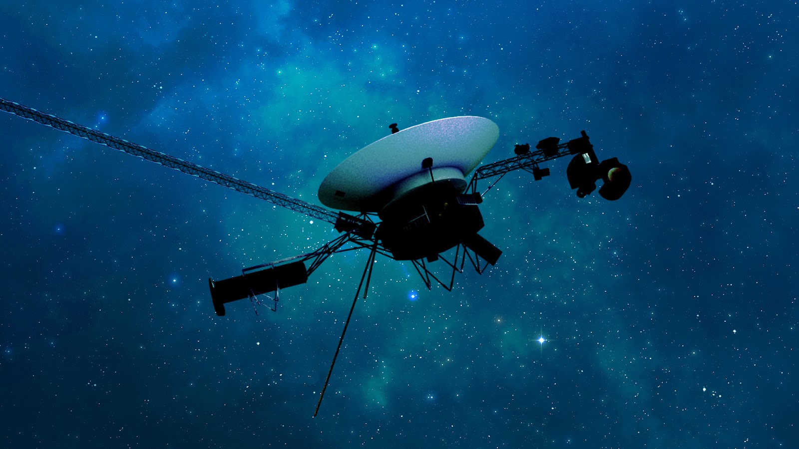 Illustration of voyager spacecraft traveling through space with a starry sky and nebula in the background.