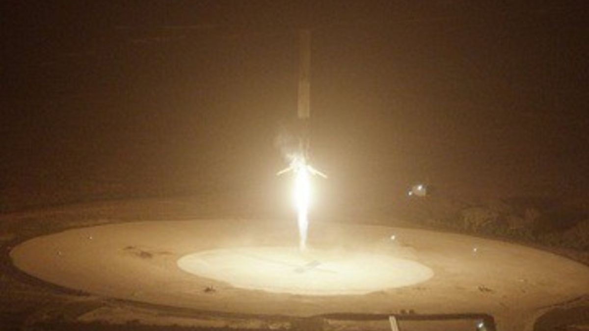 A rocket performing a controlled landing at night