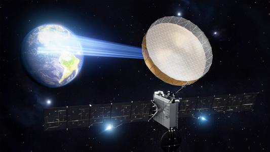 A digital illustration of a large Astranis satellite orbiting Earth, equipped with solar panels and transmitting data via a blue beam.
