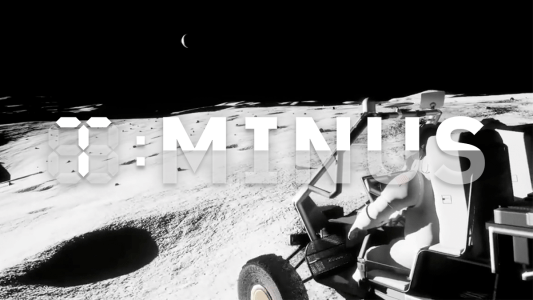 An astronaut using a lunar rover on the moon's surface with a small earth visible in the sky. the logo "T-Minus" is overlaid in the center.