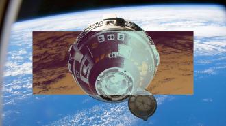 Starliner spacecraft in orbit above Earth, with a detailed view of its docking mechanism and the Earth's horizon in the background.