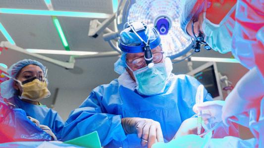 A surgeon in scrubs and a headlamp performs a gene-edited pig kidney transplant, assisted by another healthcare professional, under bright surgical lights.