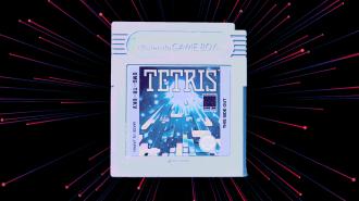 A vintage Nintendo Game Boy cartridge of Tetris against a radiation detector-themed neon starburst background.