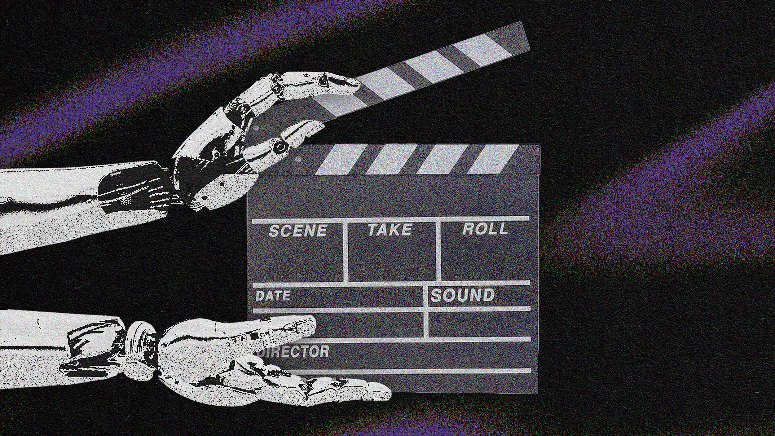 Two robotic hands are holding a movie clapperboard against a dark, textured background with purple streaks.
