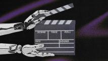 Two robotic hands are holding a movie clapperboard against a dark, textured background with purple streaks.