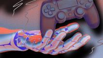 A stylized digital illustration of a hand wearing a futuristic SIMA glove, manipulating a ghostly image of a game controller against a dark, gradient background.