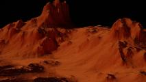 A digital rendering of a martian landscape with rugged, reddish mountains and textured ground under a dark sky.