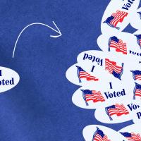 A single "I Voted" sticker is separated from a pile of identical stickers on a blue background, with a white arrow pointing towards the single sticker.