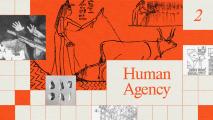 A collage with ancient Egyptian art, human hands, geometric patterns, rock tools, and the text "Human Agency" on a checkered background.