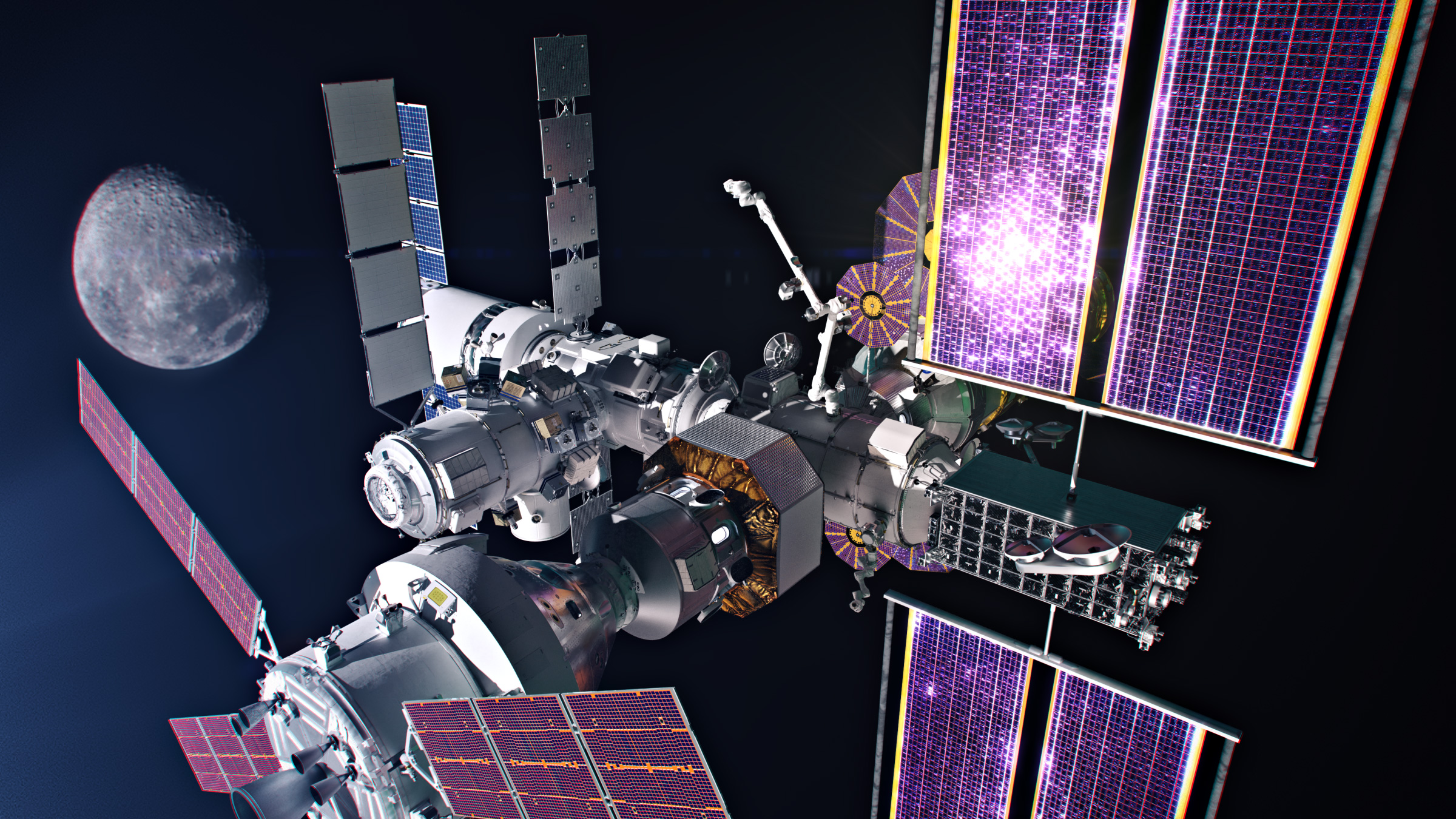 A spacecraft adorned with solar panels gracefully orbits in space, sharing the vast expanse with a distant celestial body and a nearby space station glinting in the cosmic glow.