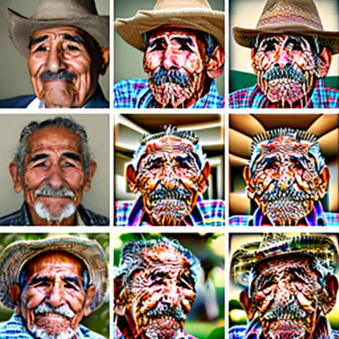 A grid featuring 9 portraits of an elderly man wearing a hat. The images show various digital distortions.