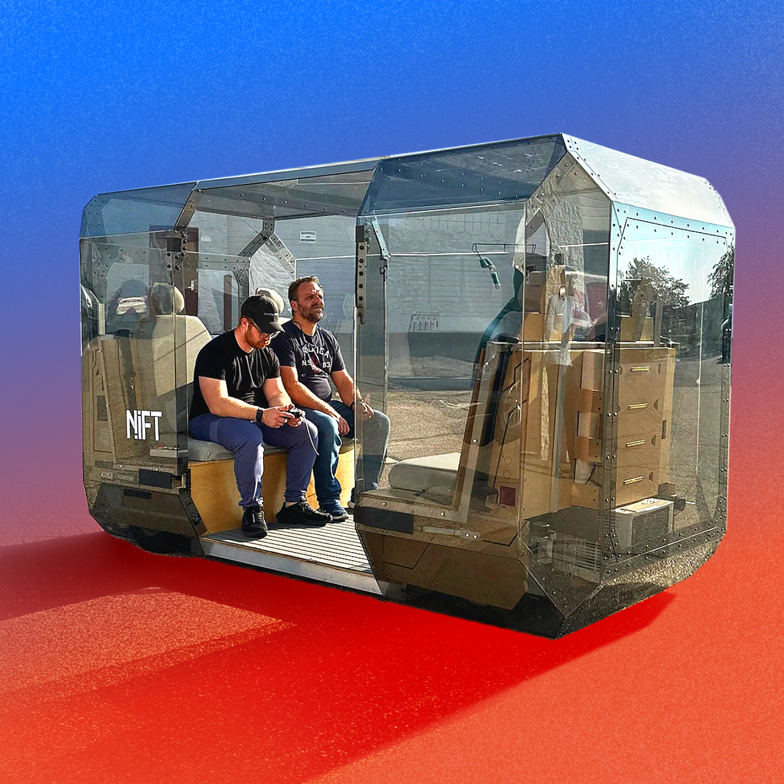Two men are seated inside a partially transparent, futuristic vehicle labeled "NIFT," which is displayed against a red and blue gradient background.
