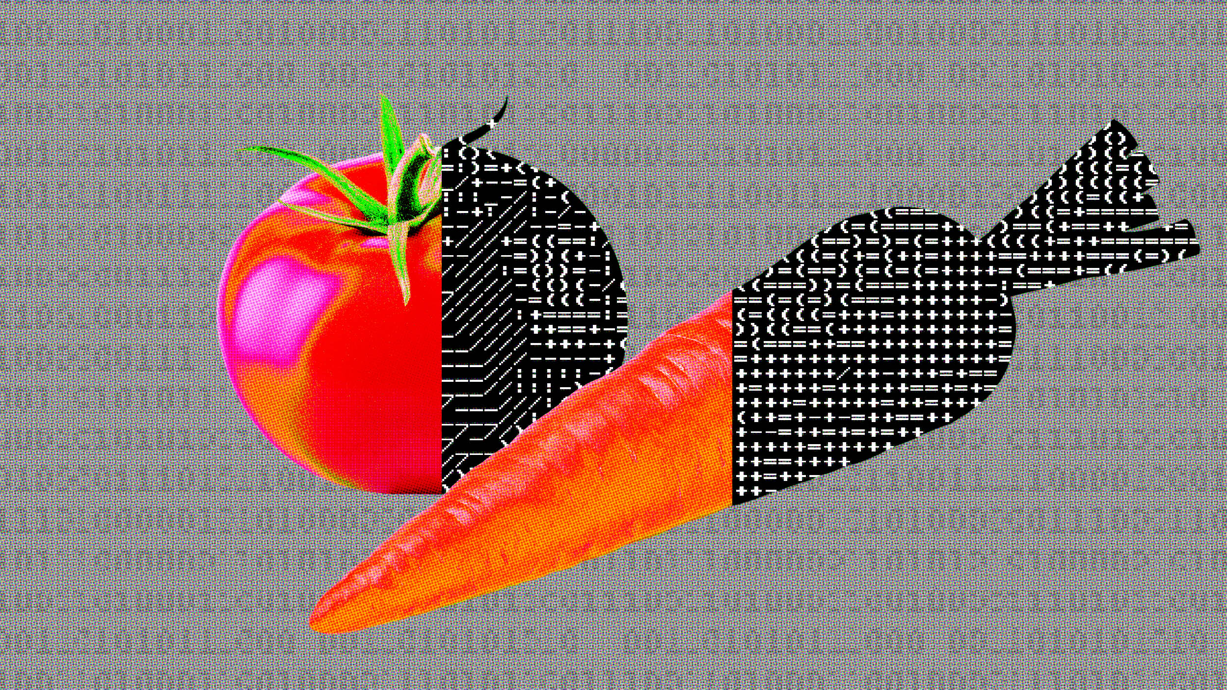 A tomato and a carrot with sections replaced by black and white circuit board patterns rest on a simple bench, representing the fusion of technology and agriculture.