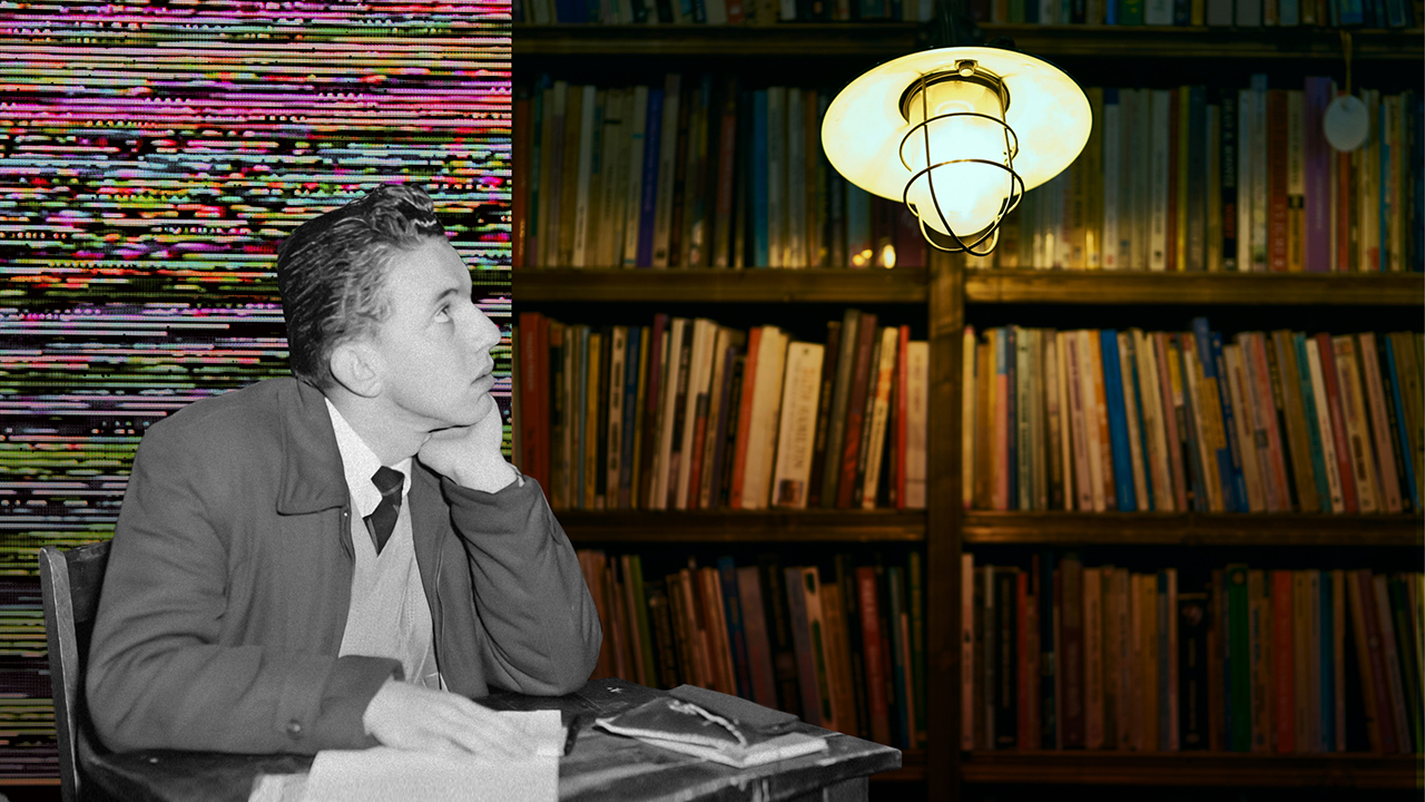 A person sits at a desk looking thoughtfully to the side. Behind them is a bookshelf full of books and a lit hanging lamp. The background has colorful static interference.