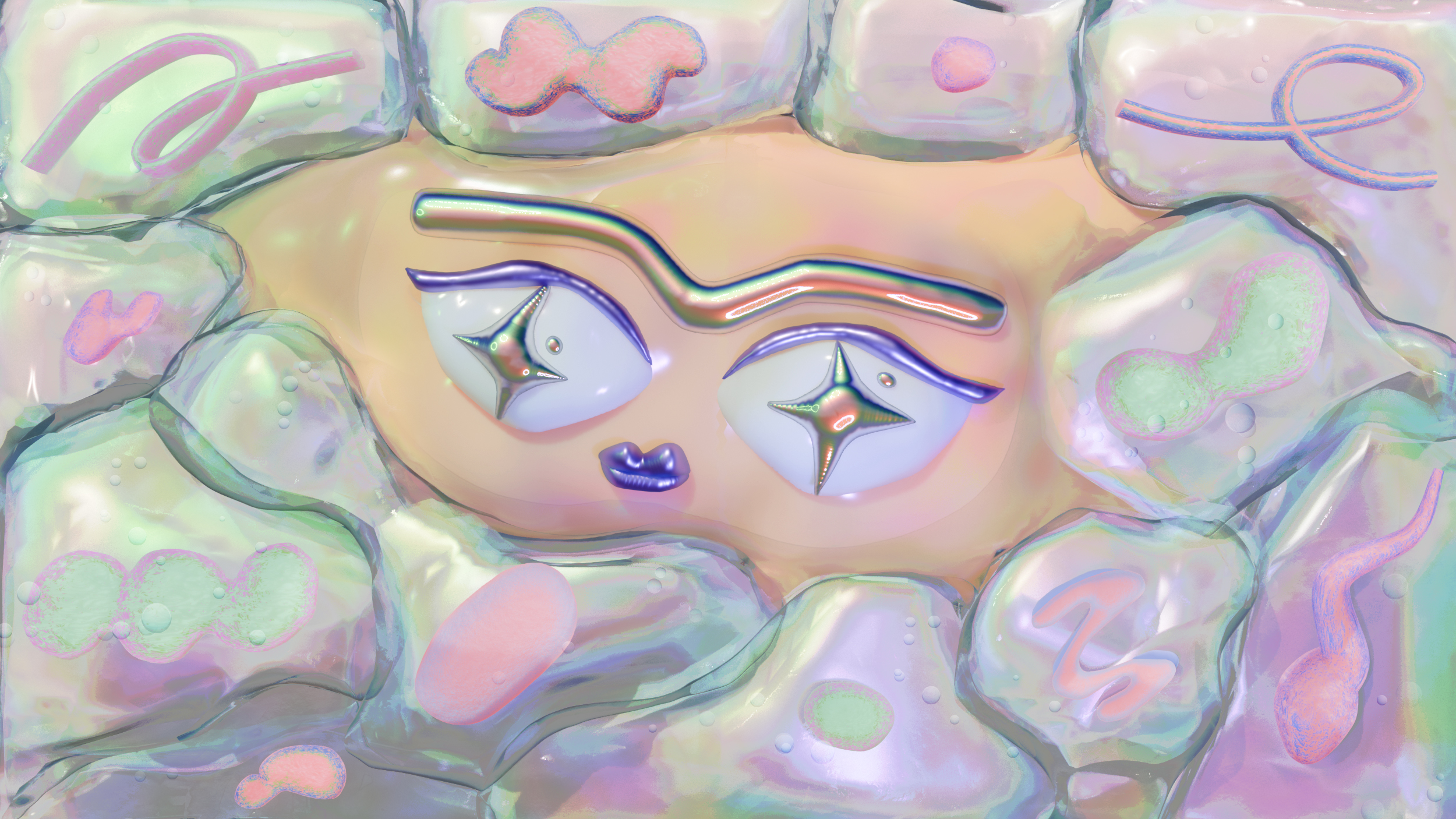 Abstract illustration of stylized eyes, eyebrow, and mouth surrounded by pastel-colored, jelly-like shapes with various patterns and textures—evoking a sense of cryopreservation through cool hues and frozen motifs.