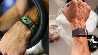Close-up of two arms showcasing cutting-edge wearables. The left wrist, adorned with a sleek smart wristband, confidently grips a steering wheel, while the right arm, sporting another innovative band, skillfully pours milk from a jug.