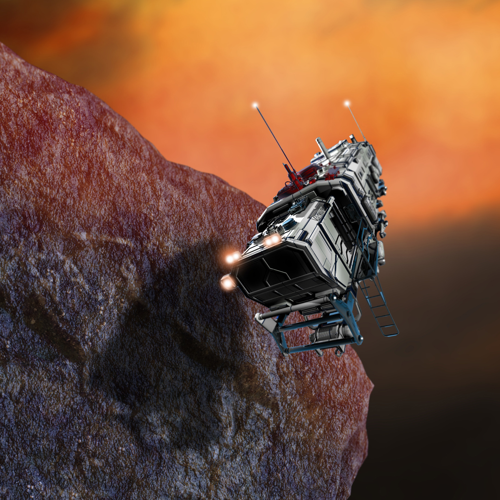 A spacecraft flying near the surface of a large, rocky asteroid in space, with a fiery sky in the background