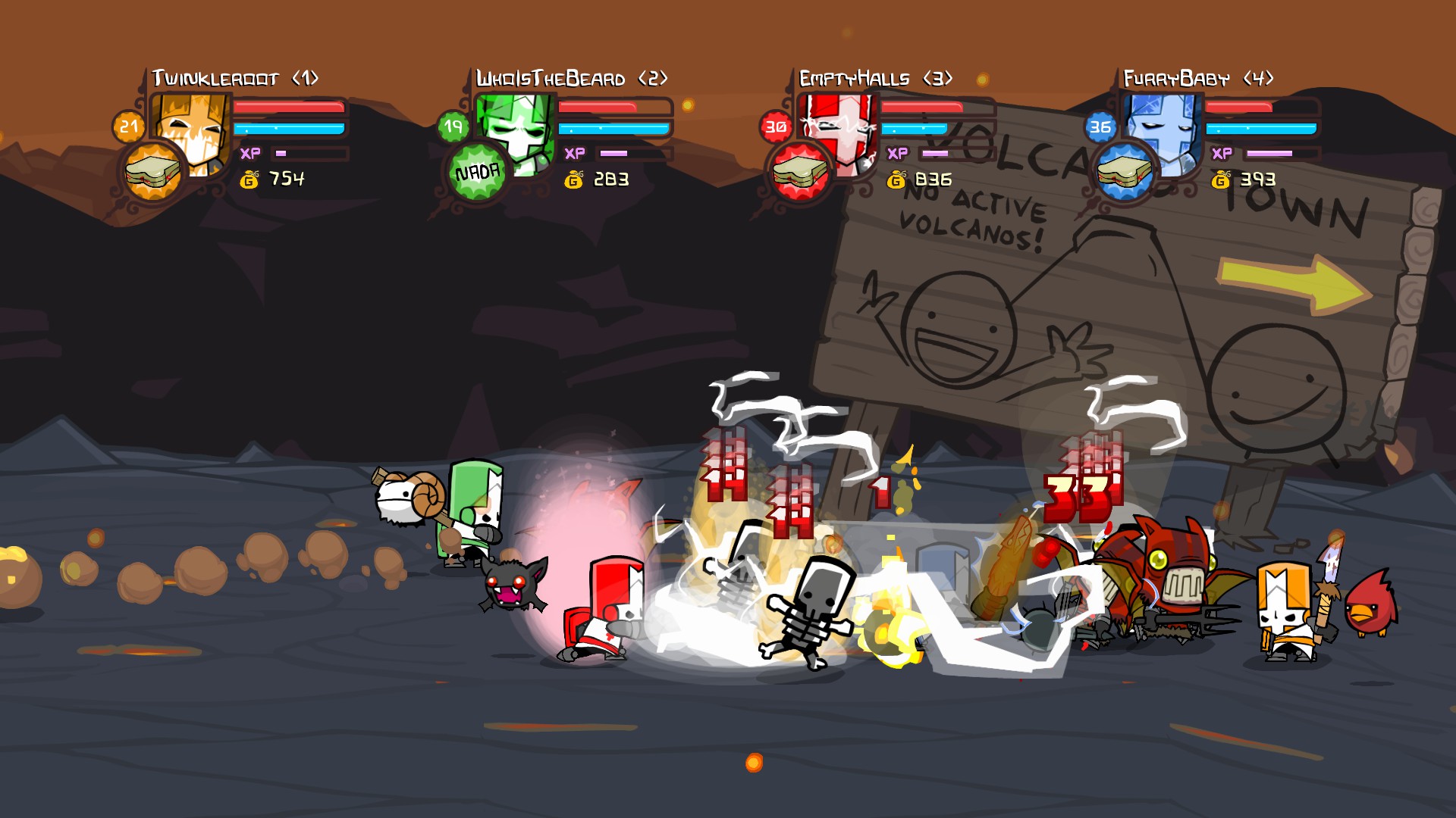 Four knights battle enemies with weapons and magic in a cartoon-style video game; health bars and names appear above each character, with a volcano warning sign in the background.