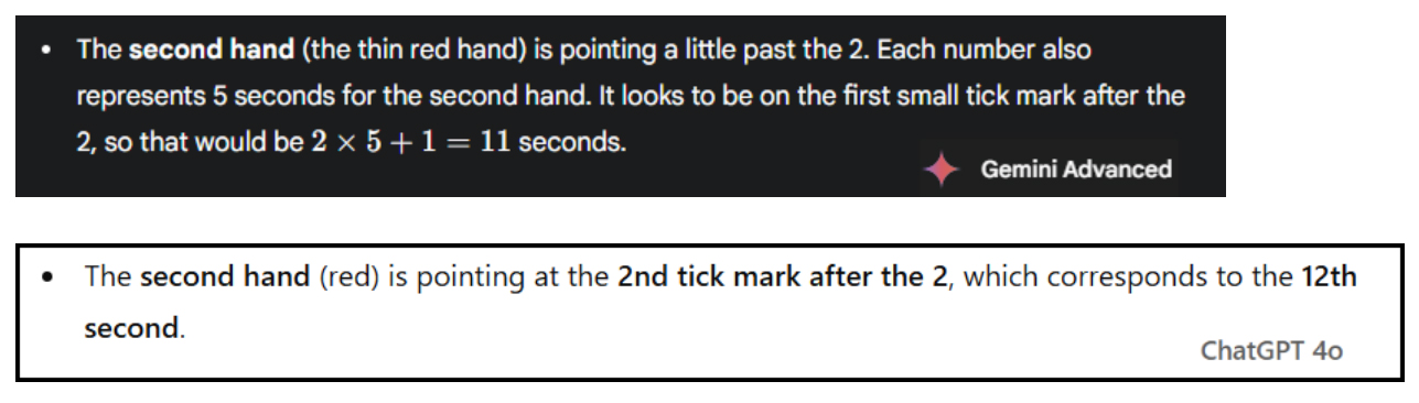 Screenshot comparing two written explanations about a clock’s second hand position: one is a detailed paragraph, the other is a concise sentence clarifying the 12th second.