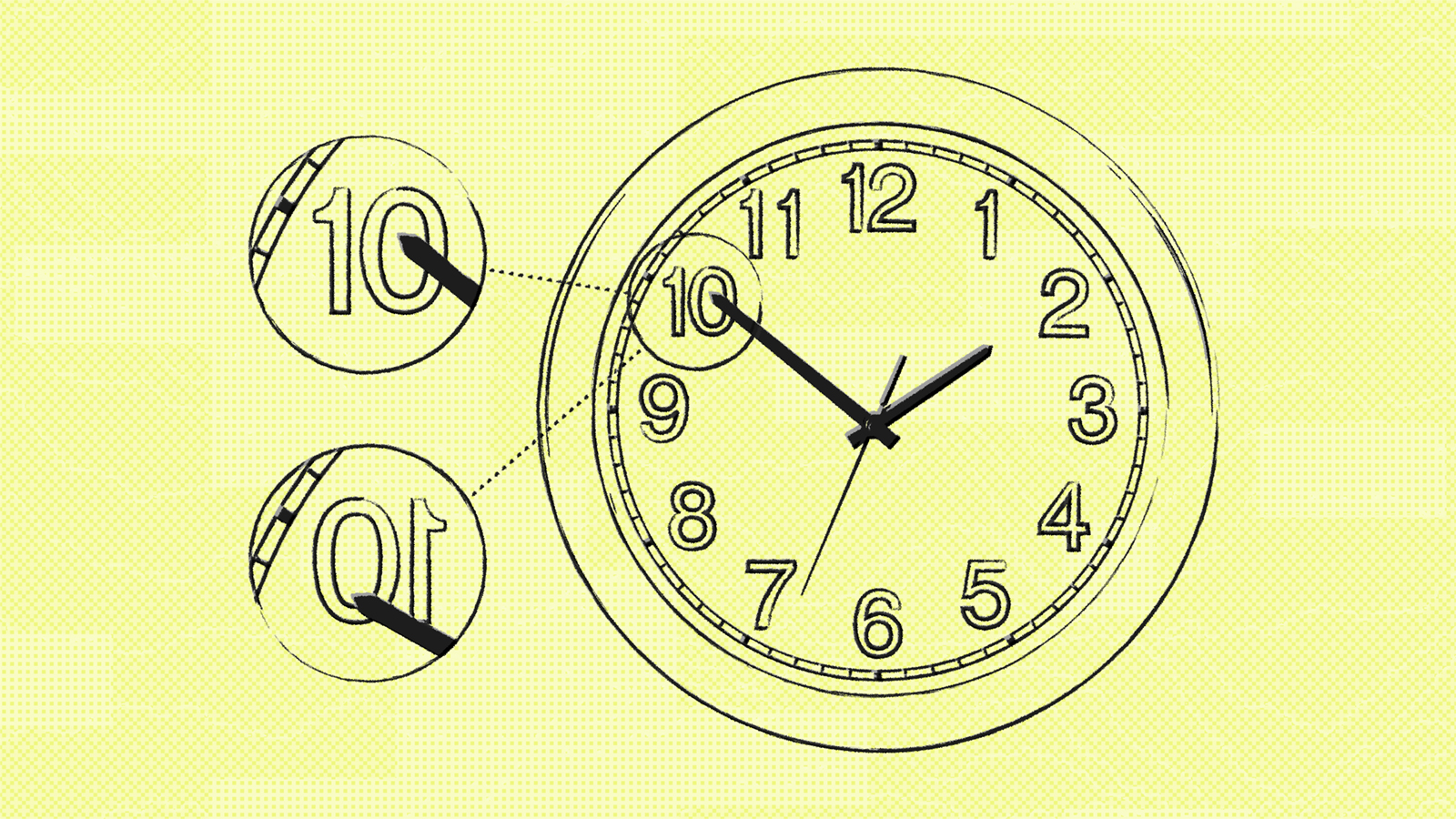 A wall clock showing the time as 10:10, with two magnified insets highlighting the 10 on the clock face and the hour hand pointing at 10.
