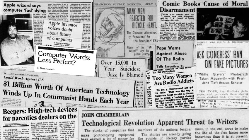 A collage of vintage newspaper headlines expressing concerns and skepticism about new technologies and cultural trends.