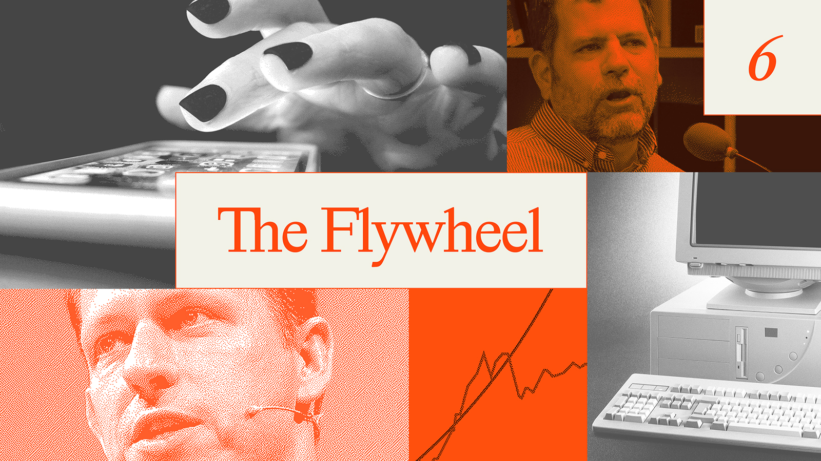 A collage featuring a hand using a smartphone, two men speaking into microphones, a vintage desktop computer, and a graph, with the text "The Flywheel" in the center.