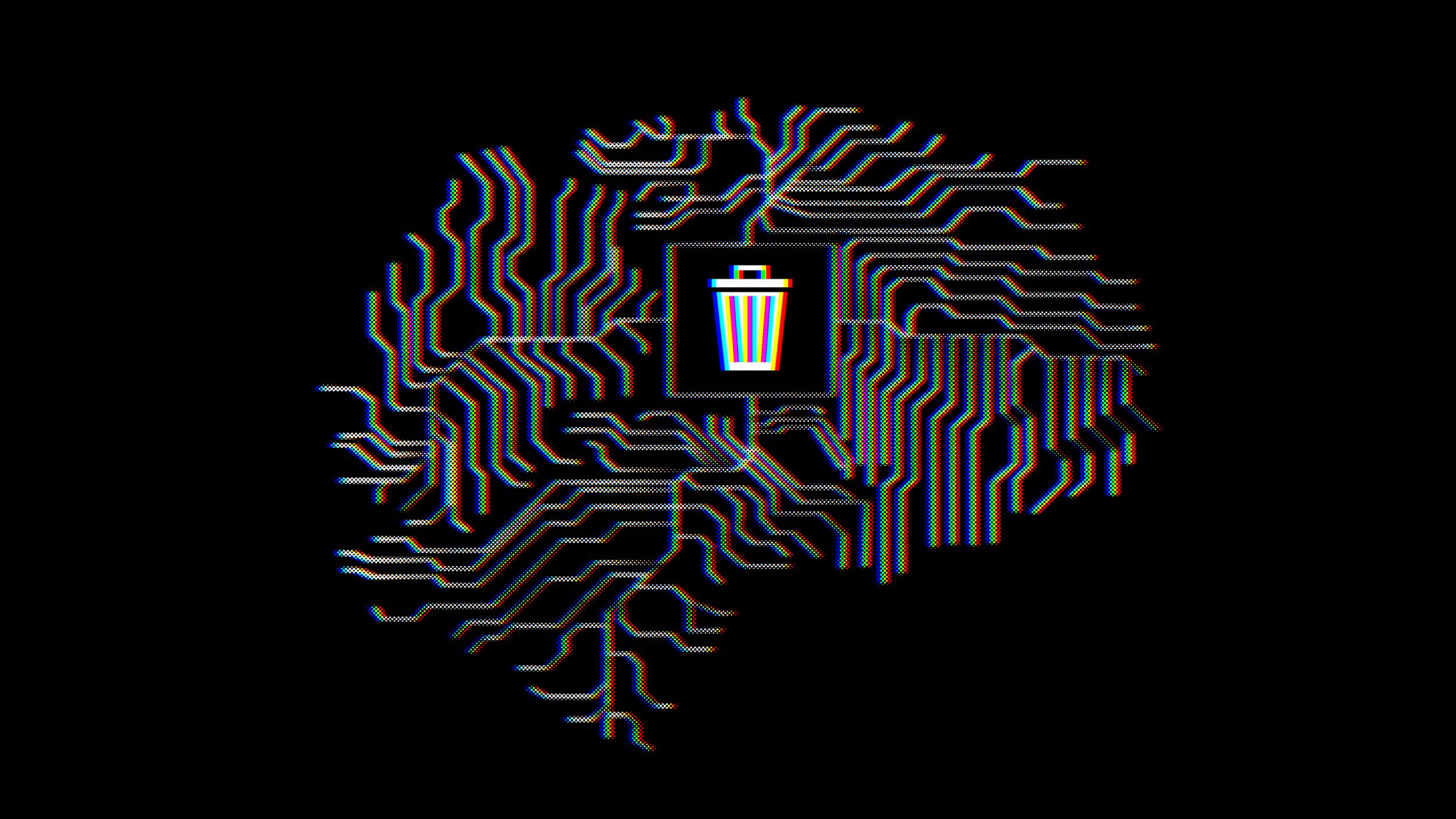 A digital illustration of a circuit board shaped like a brain, featuring a trash bin icon in the center, evokes digital fossils against a black background.