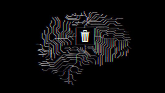 A digital illustration of a circuit board shaped like a brain, featuring a trash bin icon in the center, evokes digital fossils against a black background.