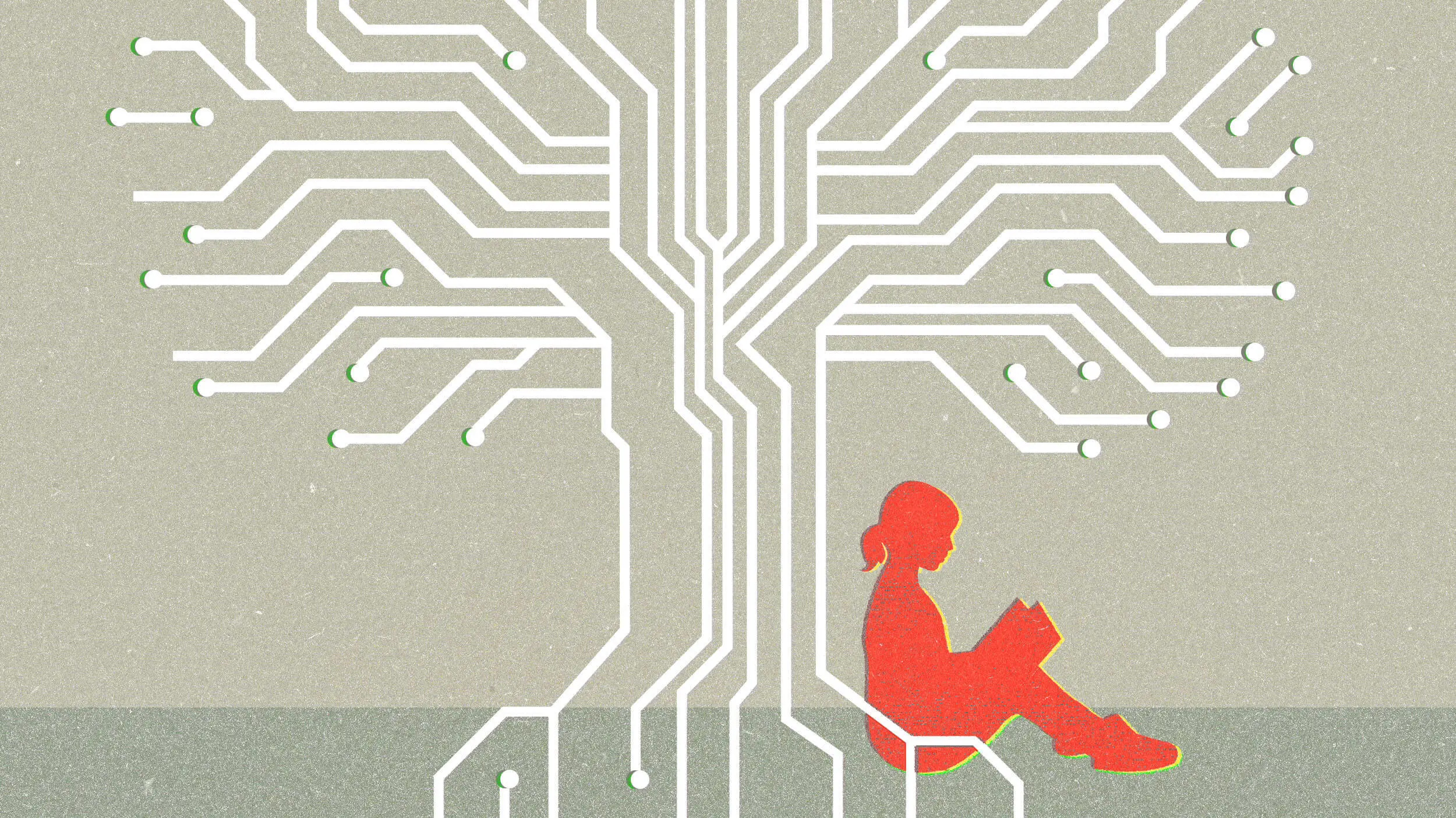 Illustration of a person reading under a stylized tree made of interconnected white circuit lines, symbolizing a blend of nature and technology.