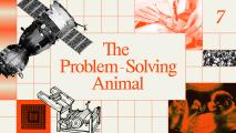 A collage of scientific and technological images surrounds the text "The Problem-Solving Animal" and the number 7 on a grid-patterned background.