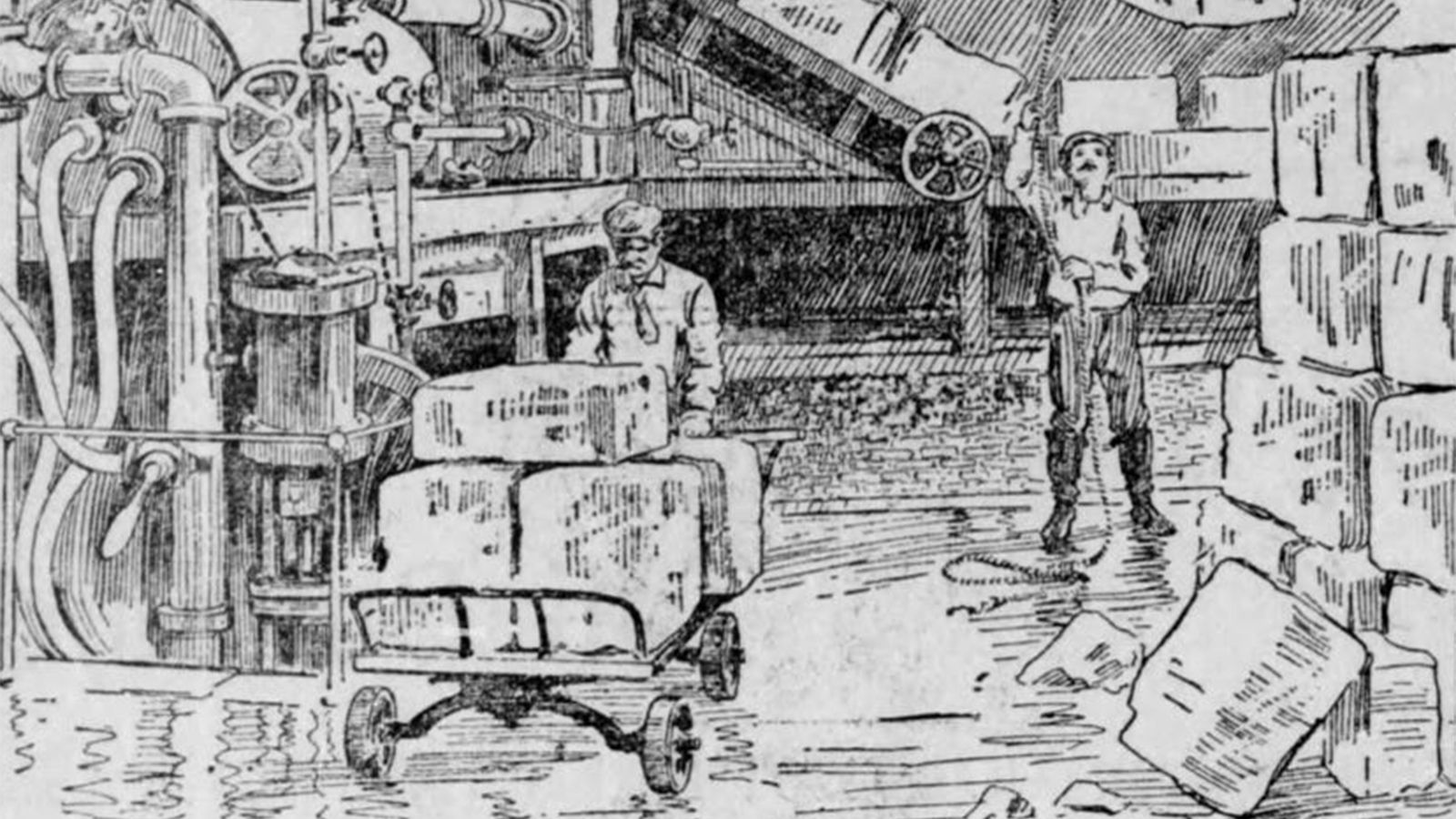 Black and white illustration of two men working in a factory, moving large rectangular blocks with machinery and carts.