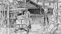 Black and white illustration of two men working in a factory, moving large rectangular blocks with machinery and carts.