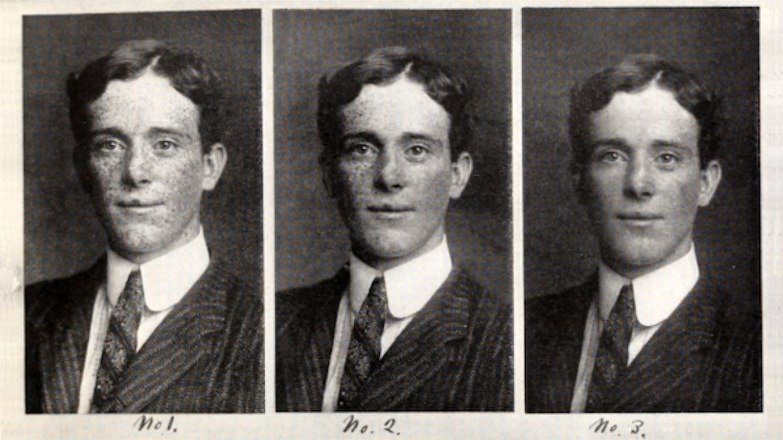 Three black-and-white portrait photos of the same man in a suit, labeled No. 1, No. 2, and No. 3, displaying different facial expressions.