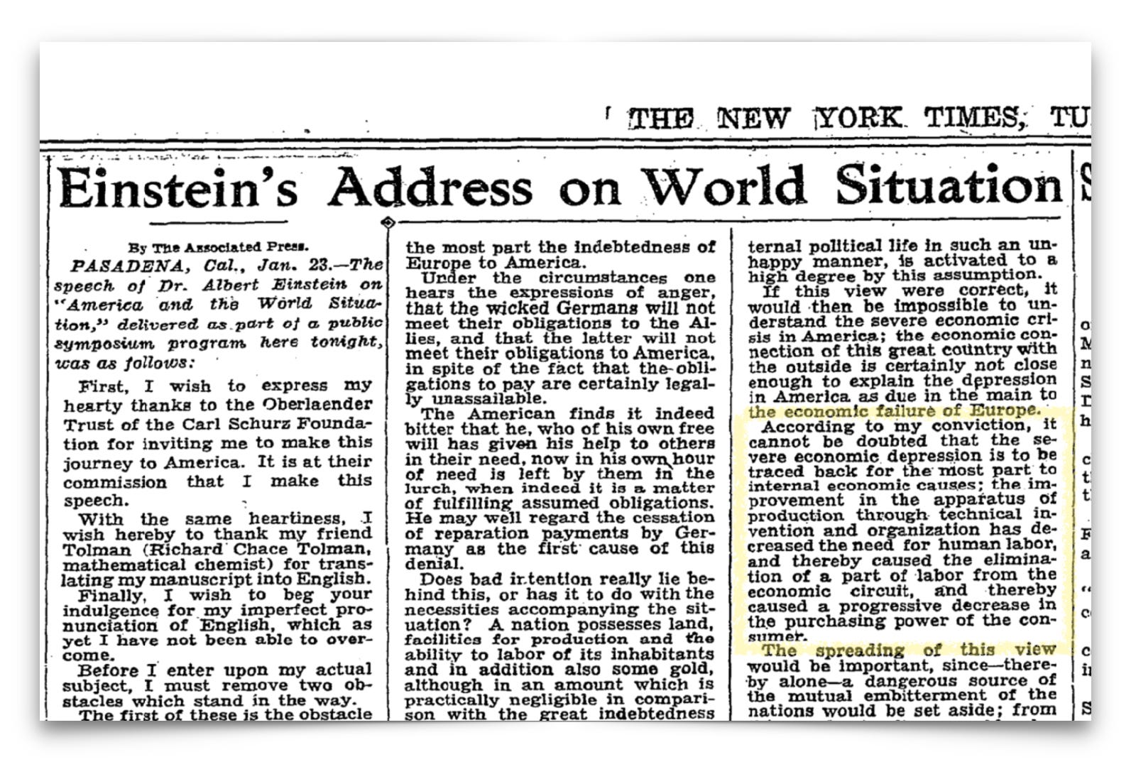 A newspaper clipping titled "Einstein’s Address on World Situation," featuring text from a speech by Albert Einstein regarding global economic and political issues.