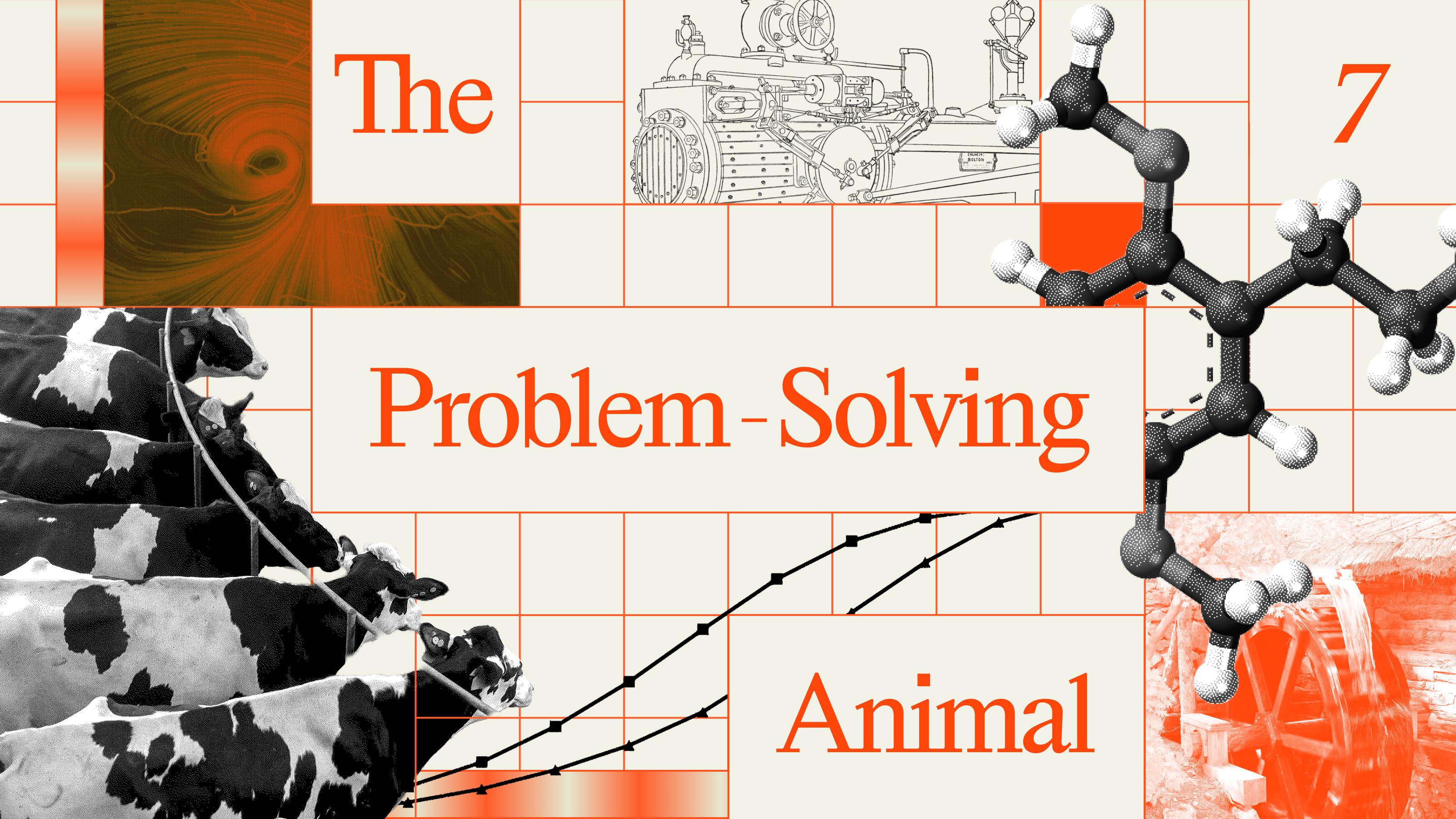 A collage featuring cows, a molecule model, charts, machinery, and the text "The Problem-Solving Animal" with the number 7 on a grid background.