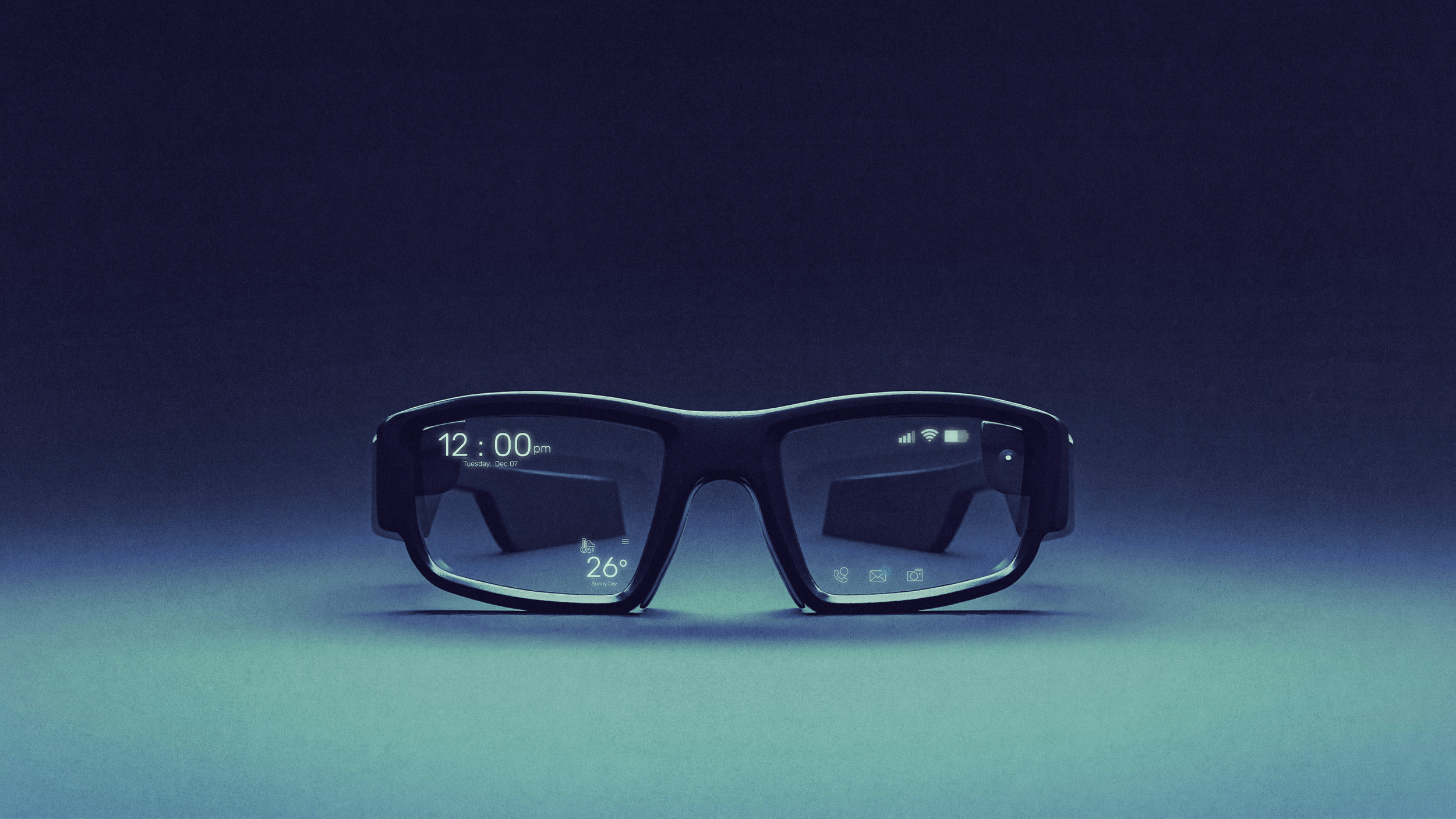 A pair of black smart glasses with a digital display showing the time, temperature, and icons on the lenses against a blue gradient background.