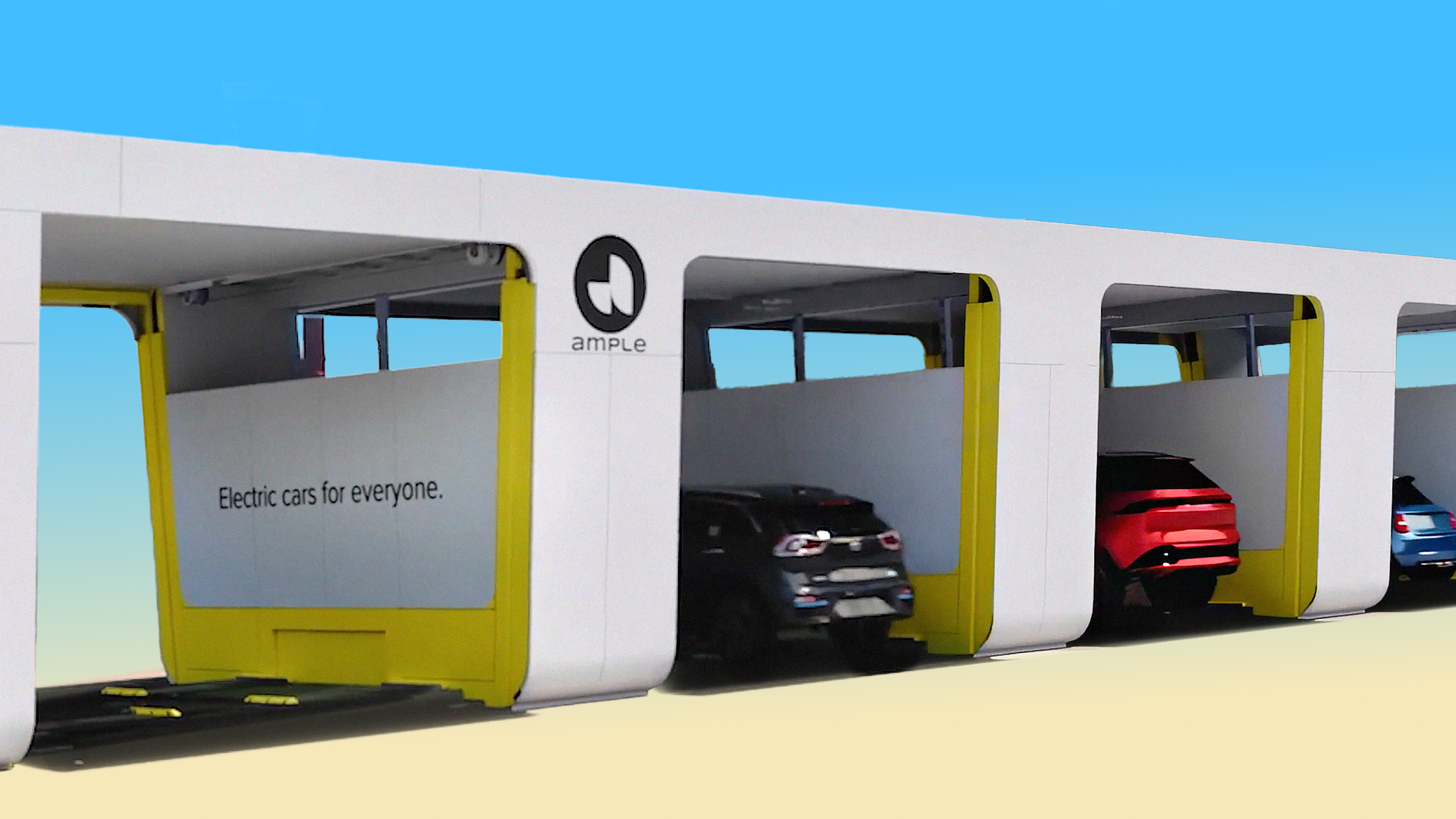 Several electric cars enter adjacent charging or battery-swapping stations under a white and yellow structure labeled "ample" with the slogan "Electric cars for everyone.