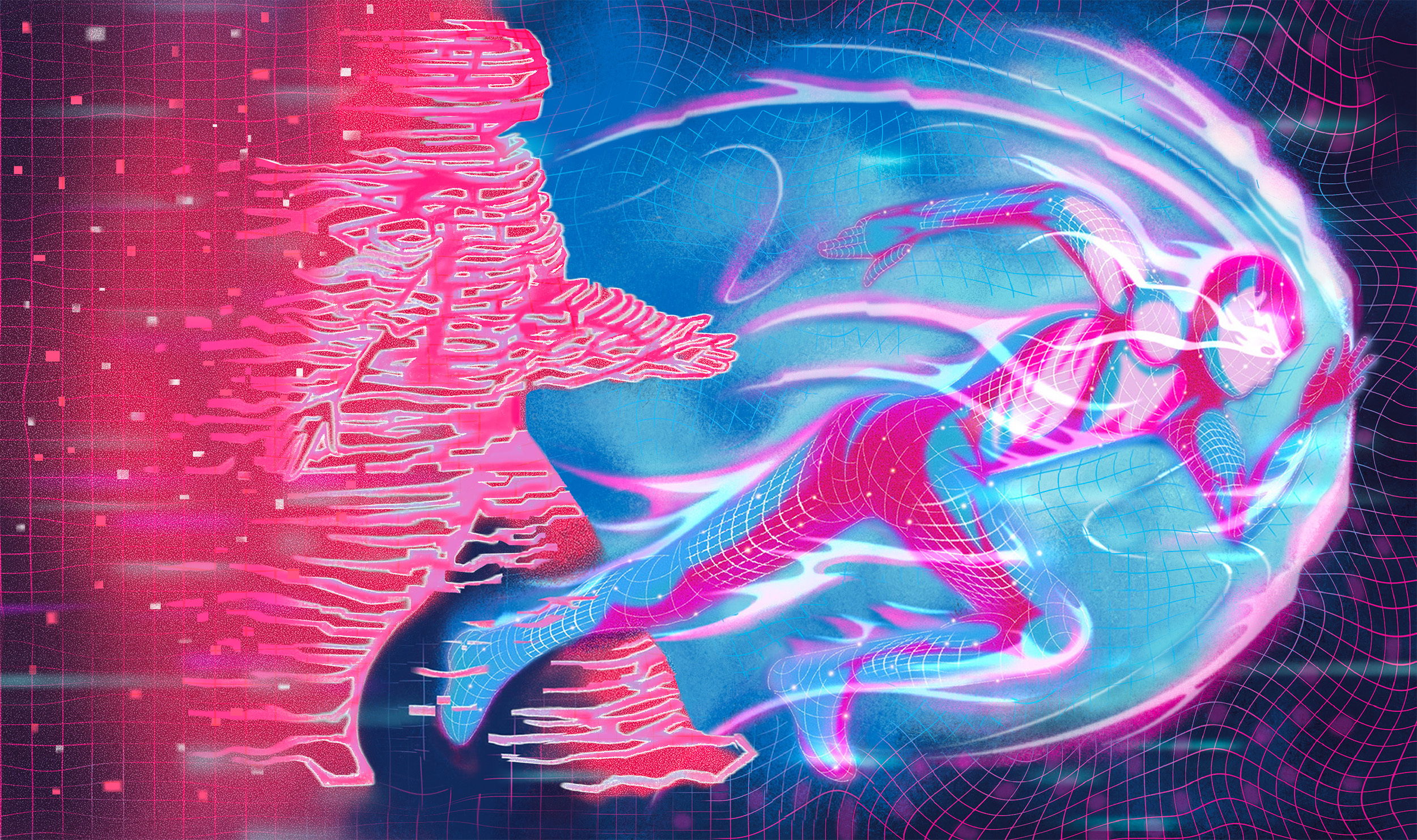 A digital illustration of a humanoid figure in a running pose, surrounded by glowing energy, with pixelated and wireframe effects against a blue and pink background.