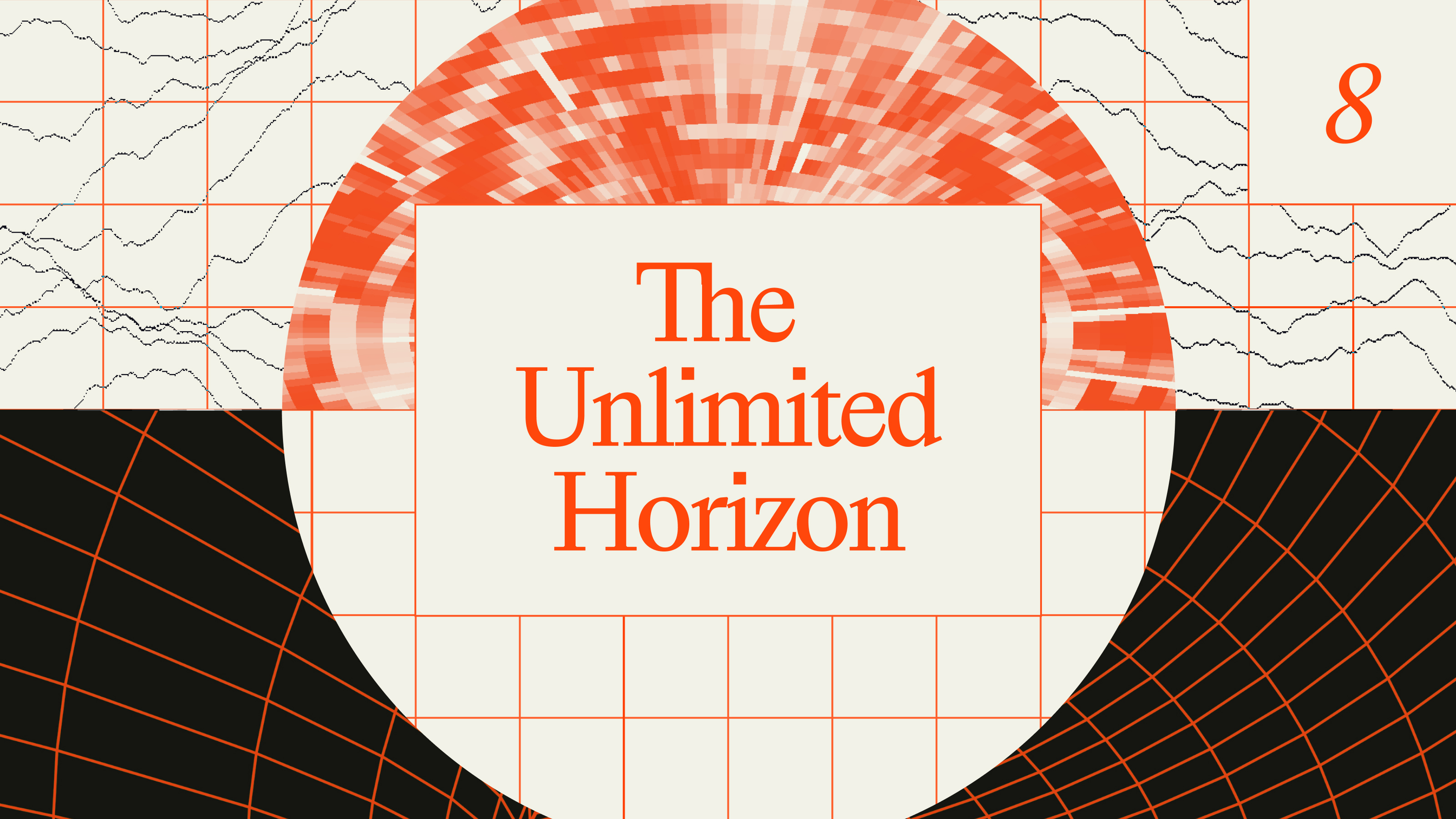 Abstract geometric design with red and black grid patterns, a central white rectangle displaying the text "The Unlimited Horizon," and the number 8 in the top right corner.