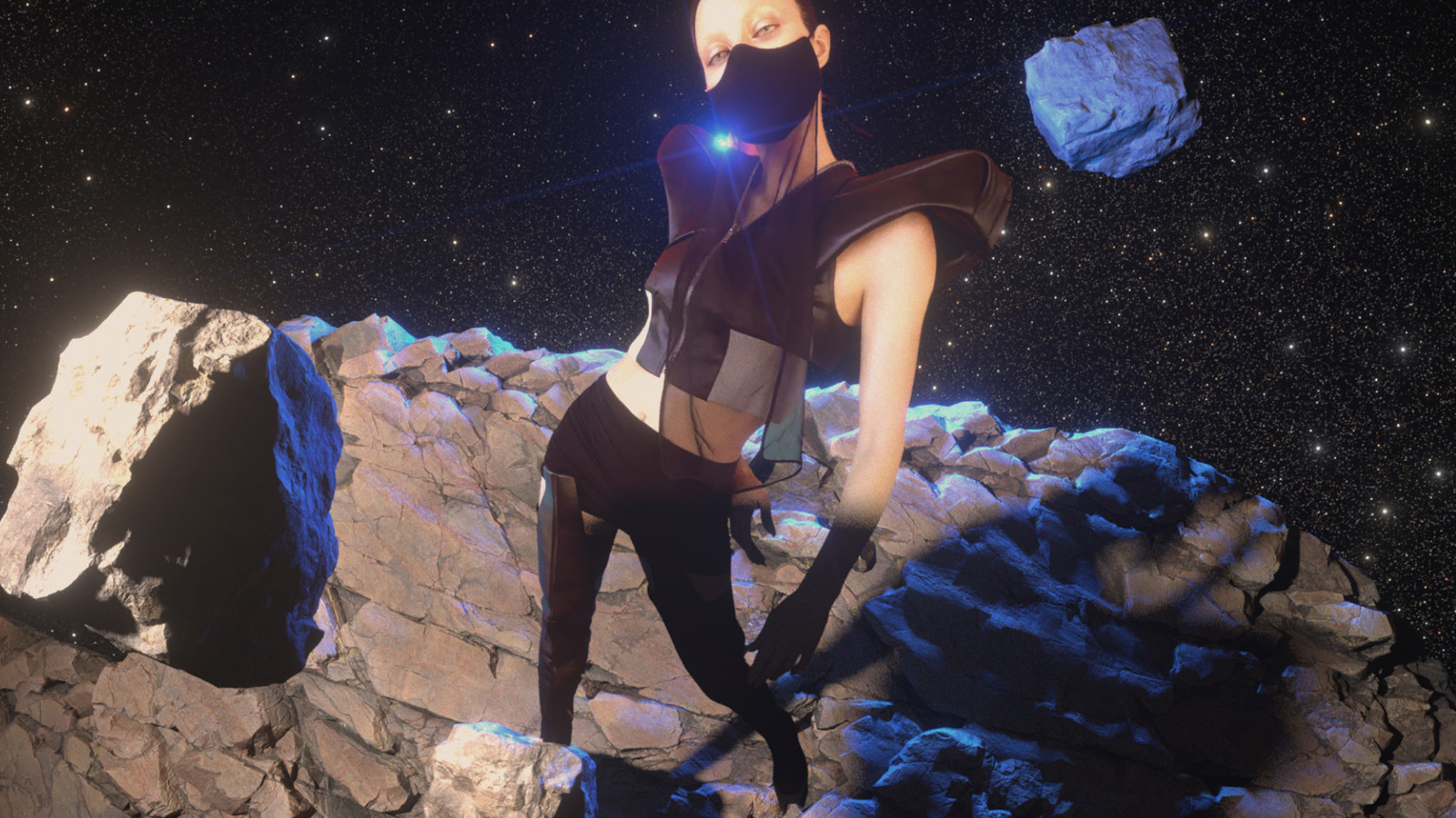 A person in futuristic clothing and a mask stands on rocky terrain in space, with two floating boulders and a starry background.