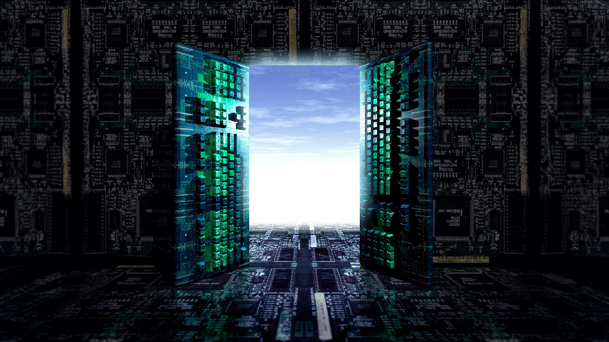 An open doorway made of computer circuit boards leads to bright daylight and a blue sky outside, with electronic components covering the surrounding surfaces.