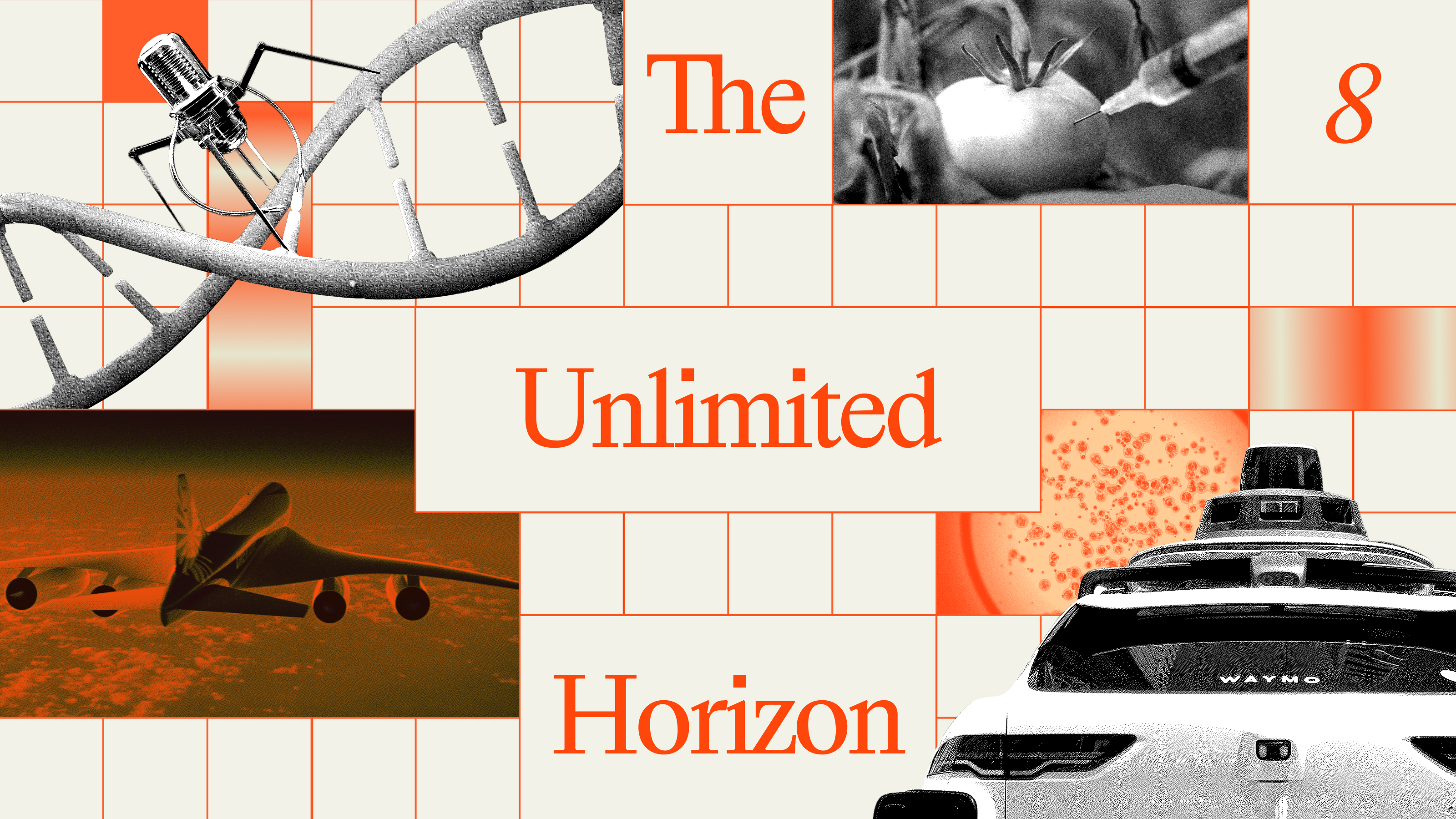 A collage with a DNA strand, a virus, a tomato, an airplane, an autonomous car, and the text "The Unlimited Horizon 8" on a grid background.